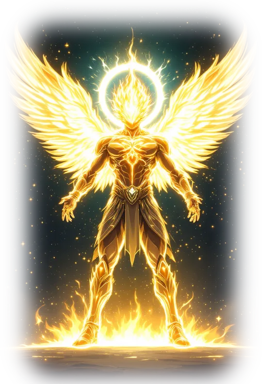 The Ascendant final form: a winged figure of pure gold light