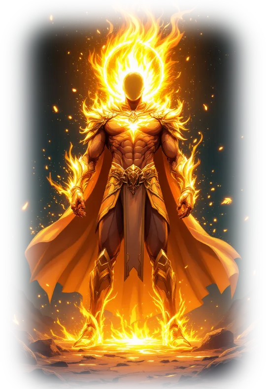 The Sovereign form: an armored figure wreathed in gold flame
