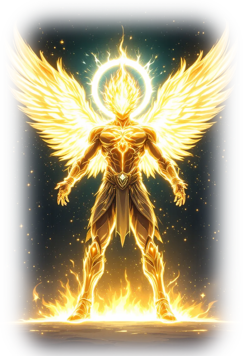 A RankZero character in its final Ascendant form: a figure of gold light with wings and a halo of fire